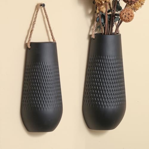 Ceramic Wall Planters & Vases,Boho Wall Decor for Living Room Bedroom,Minimalist Indoor Ceramic Hanging Flower Vase,Modern Farmhouse Art Decorations(Black,2 Pack) - Image 5