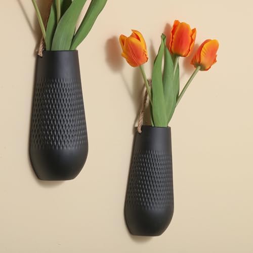 Ceramic Wall Planters & Vases,Boho Wall Decor for Living Room Bedroom,Minimalist Indoor Ceramic Hanging Flower Vase,Modern Farmhouse Art Decorations(Black,2 Pack) - Image 6